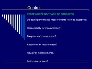 Control
STAGE 6 KEEPING TRACK OF PROGRESS
Do action performance measurements relate to objectives?
Responsibility for measurement?
Frequency of measurement?
Resources for measurement?
Review of measurements?
Actions on variance?
 