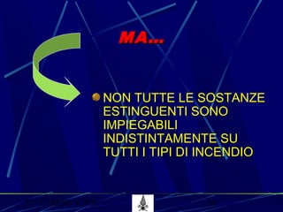 53° CORSO V.P.P. 10
MA…MA…
NON TUTTE LE SOSTANZE
ESTINGUENTI SONO
IMPIEGABILI
INDISTINTAMENTE SU
TUTTI I TIPI DI INCENDIO
 