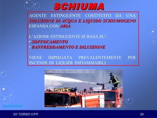 53° CORSO V.P.P. 24
VV.F. MILANO
SCHIUMASCHIUMA
AGENTE ESTINGUENTE COSTITUITO DA UNA
SOLUZIONE DI ACQUA E LIQUIDO SCHIUMOGENOSOLUZIONE DI ACQUA E LIQUIDO SCHIUMOGENO
ESPANSA CON ARIAARIA
L’AZIONE ESTINGUENTE SI BASA SU :
• SOFFOCAMENTOSOFFOCAMENTO
• RAFFREDDAMENTO E DILUIZIONERAFFREDDAMENTO E DILUIZIONE..
VIENE IMPIEGATA PREVALENTEMENTE PER
INCENDI DI LIQUIDI INFIAMMABILI
 