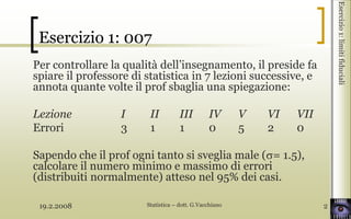 19.2.2008 Statistica – dott. G.Vacchiano 2
Esercizio 1: 007
Per controllare la qualità dell’insegnamento, il preside fa
spiare il professore di statistica in 7 lezioni successive, e
annota quante volte il prof sbaglia una spiegazione:
Lezione I II III IV V VI VII
Errori 3 1 1 0 5 2 0
Sapendo che il prof ogni tanto si sveglia male ( = 1.5),
calcolare il numero minimo e massimo di errori
(distribuiti normalmente) atteso nel 95% dei casi.
Esercizio1:limitifiduciali
 