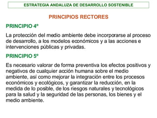 ESTRATEGIA ANDALUZA DE DESARROLLO SOSTENIBLE PRINCIPIOS RECTORES PRINCIPIO 4º La protección del medio ambiente debe incorp...