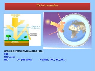 Efecto invernadero
GASES DE EFECTO INVERNADERO (GEI).
CO2
H2O vapor
N2O CH4 (METANO), F-GASES, (PFC, HFC,CFC..)
 
