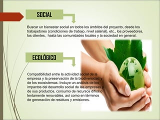 SOCIAL
Compatibilidad entre la actividad social de la
empresa y la preservación de la biodiversidad y
de los ecosistemas. Incluye un análisis de los
impactos del desarrollo social de las empresas y
de sus productos, consumo de recursos difícil o
lentamente renovables, así como en términos
de generación de residuos y emisiones.
Buscar un bienestar social en todos los ámbitos del proyecto, desde los
trabajadores (condiciones de trabajo, nivel salarial), etc., los proveedores,
los clientes, hasta las comunidades locales y la sociedad en general.
ECOLÓGICO
 