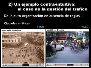 De la auto-organización en ausencia de reglas …
Ciudades asiáticas
2) Un ejemplo contra-intuitivo:
el caso de la gestión del tráfico
VIDEO VIDEO
 