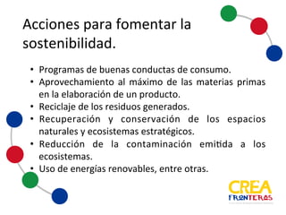 Acciones	
  para	
  fomentar	
  la	
  
sostenibilidad
• Programas de buenas conductas de consumo.
• Aprovechamiento al máximo de las materias primas en la
elaboración de un producto.
• Reciclajede los residuos generados.
• Recuperación y conservación de los espacios naturales y
ecosistemas estratégicos.
• Reducción de la contaminación emitida a los ecosistemas.
• Uso de energías renovables, entre otras.
 