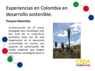 Experiencias	
  en	
  Colombia	
  en	
  
desarrollo	
  sostenible
Conformación de 57 áreas
protegidas que constituyen más
del 12% de la superficie
territorial. Estos son de vital
importancia en el desarrollo
sustentable en cuanto son
espacios de conservación del
medio ambiente que acogen
ecosistemas estratégicos para el
país.
Parques	
  Naturales:
 