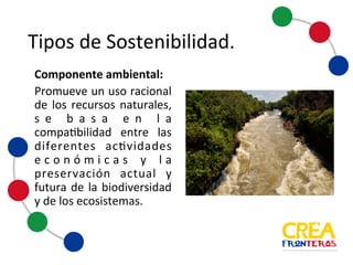 Tipos	
  de	
  Sostenibilidad
Componente ambiental:
Promueve un uso racional
de los recursos naturales, se
basa en la compatibilidad
entre las diferentes
actividades económicas y la
preservación actual y futura
de la biodiversidad y de los
ecosistemas.
 