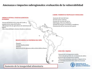 Amenazas e impactos subregionales: evaluación de la vulnerabilidad
REGION ANDINA: EL FENÓMENO DEL NIÑO
-Sequías;
-Pérdida biodiversidad
-Heladas;
-Retroceso de los glaciares afecta oferta hídrica futura.
CARIBE: TORMENTAS TROPICALES Y HURACANES
-Aumento del nivel del mar;
-Erosión zonas costeras;
-Escasez de recursos de tierra;
-Hidrología y Recursos Hídricos;
-Pérdida de bosques, humedales y manglares;
-Disminución de los recursos de la pesca.
AMERICA CENTRAL: EVENTOS CLIMÁTICOS
EXTREMOS
-Exceso de lluvias en las costas del Caribe y
sequías en las costas del Pacifico;
-Alta proporción de agricultores de subsistencia de
ladera;
-Alta vulnerabilidad a eventos climáticos extremos
CONO SUR: SEQUÍAS
-Aumento de la temperatura media;
- Extensión del período de crecimiento de cultivo
(aumento de la temperatura media);
- Extensos Ecosistemas naturales e impacto de la
variabilidad actual del clima sobre los recursos
naturales.
Aumento de la inseguridad alimentaria
 