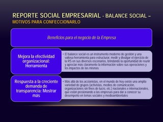 REPORTE SOCIAL EMPRESARIAL - BALANCE SOCIAL –
MOTIVOS PARA CONFECCIONARLO
Beneficios para el negocio de la Empresa
• El balance social es un instrumento moderno de gestión y una
valiosa herramienta para estructurar, medir y divulgar el ejercicio de
la RS en sus diversos escenarios, brindando la oportunidad de reunir
y apreciar más claramente la información sobre sus operaciones y
los impactos de las mismas
Mejora la efectividad
organizacional:
Herramienta
• Más allá de los accionistas, en el mundo de hoy existe una amplia
variedad de grupos (activistas, medios de comunicación,
organizaciones sin fines de lucro, etc.) nacionales e internacionales,
que están presionando a las empresas para dar a conocer su
desempeño en temas sociales y medioambientales
Respuesta a la creciente
demanda de
transparencia: Mostrar
más
 