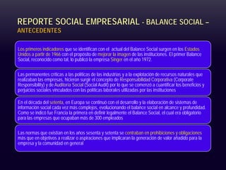 REPORTE SOCIAL EMPRESARIAL - BALANCE SOCIAL –
ANTECEDENTES
Los primeros indicadores que se identifican con el actual del B...