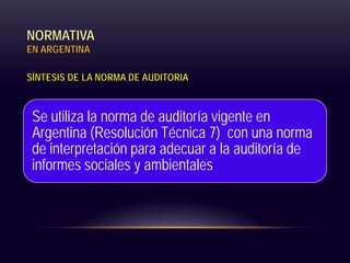 NORMATIVA
EN ARGENTINA
SÍNTESIS DE LA NORMA DE AUDITORIA
Se utiliza la norma de auditoría vigente en
Argentina (Resolución...