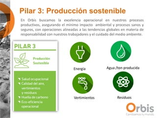 Pilar 3: Producción sostenible
En Orbis buscamos la excelencia operacional en nuestros procesos
productivos, asegurando el mínimo impacto ambiental y procesos sanos y
seguros, con operaciones alineadas a las tendencias globales en materia de
responsabilidad con nuestros trabajadores y el cuidado del medio ambiente.
Energía Agua /ton producida
Vertimientos Residuos
 