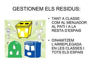 GESTIONEM ELS RESIDUS:
• TANT A CLASSE
COM AL MENJADOR
AL PATI I A LA
RESTA D’ESPAIS
• DINAMITZEM
L’ARREPLEGADA
EN LES CLASSES I
TOTS ELS ESPAIS
 