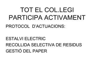 TOT EL COL.LEGI
PARTICIPA ACTIVAMENT
PROTOCOL D’ACTUACIONS:
ESTALVI ELECTRIC
RECOLLIDA SELECTIVA DE RESIDUS
GESTIÓ DEL PAPER
 