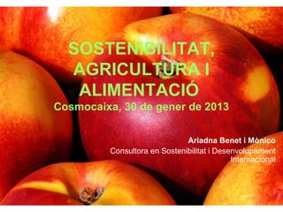 SOSTENIBILITAT,
  AGRICULTURA I
   ALIMENTACIÓ
Cosmocaixa, 30 de gener de 2013

                              Ariadna Benet i Mònico
         Consultora en Sostenibilitat i Desenvolupament
                                            Internacional
 