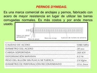 Es una marca comercial de anclajes y pernos, fabricado con
acero de mayor resistencia en lugar de utilizar las barras
corrugadas normales. Es más costos y por ende menos
usado.
PERNOS DYWIDAG.
 