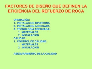 FACTORES DE DISEÑO QUE DEFINEN LA
EFICIENCIA DEL REFUERZO DE ROCA
OPERACIÓN:
1. INSTALACION OPORTUNA
2. INSTALACION ADECUADA
3. TECNOLOGIA ADECUADA:
1. MATERIALES
2. INSTALACIÒN
CALIDAD:
1. CONTROL DE CALIDAD:
1. MATERIALES
2. INSTALACION
ASEGURAMIENTO DE LA CALIDAD
 