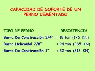 TIPO DE PERNO RESISTENCIA
Barra De Construcción 3/4” = 18 ton (176 KN)
Barra Helicoidal 7/8” = 24 ton (235 KN)
Barra De Construcción 1” = 32 ton (313 KN)
CAPACIDAD DE SOPORTE DE UN
PERNO CEMENTADO
 