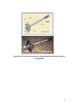 2
Ilustración 24. Pernos de anclaje mecánico. (Sociedad Nacional de Minería, Petróleo y
Energía, 2004)
 