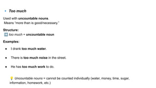 Too Much Examples Mastering the Use of So, Such, Too, and Enough in English Grammar | PDF