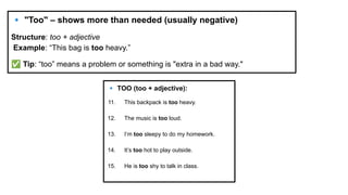 Too Examples Mastering the Use of So, Such, Too, and Enough in English Grammar | PDF