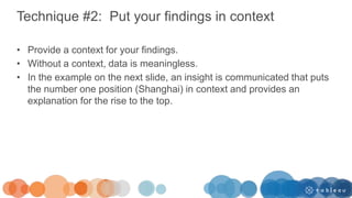 Technique #2: Put your findings in context
• Provide a context for your findings.
• Without a context, data is meaningless.
• In the example on the next slide, an insight is communicated that puts
the number one position (Shanghai) in context and provides an
explanation for the rise to the top.
 