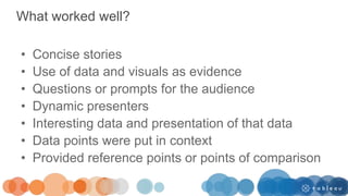 What worked well?
• Concise stories
• Use of data and visuals as evidence
• Questions or prompts for the audience
• Dynamic presenters
• Interesting data and presentation of that data
• Data points were put in context
• Provided reference points or points of comparison
 