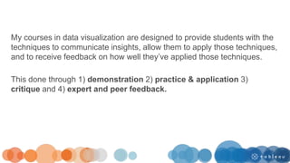 My courses in data visualization are designed to provide students with the
techniques to communicate insights, allow them to apply those techniques,
and to receive feedback on how well they’ve applied those techniques.
This done through 1) demonstration 2) practice & application 3)
critique and 4) expert and peer feedback.
 