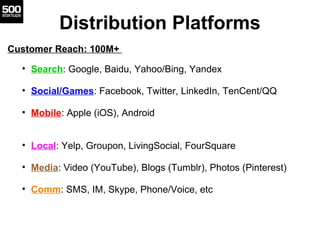 Distribution Platforms
Customer Reach: 100M+

  • Search: Google, Baidu, Yahoo/Bing, Yandex

  • Social/Games: Facebook, Twitter, LinkedIn, TenCent/QQ

  • Mobile: Apple (iOS), Android


  • Local: Yelp, Groupon, LivingSocial, FourSquare

  • Media: Video (YouTube), Blogs (Tumblr), Photos (Pinterest)

  • Comm: SMS, IM, Skype, Phone/Voice, etc
 