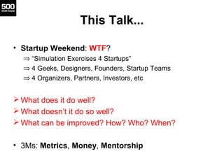 This Talk...

• Startup Weekend: WTF?
  ⇒ “Simulation Exercises 4 Startups”
  ⇒ 4 Geeks, Designers, Founders, Startup Teams
  ⇒ 4 Organizers, Partners, Investors, etc


 What does it do well?
 What doesn’t it do so well?
 What can be improved? How? Who? When?

• 3Ms: Metrics, Money, Mentorship
 