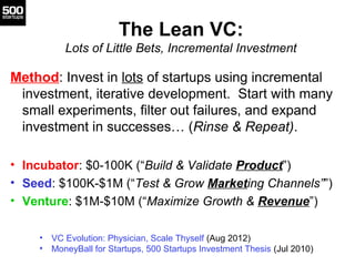 The Lean VC:
           Lots of Little Bets, Incremental Investment

Method: Invest in lots of startups using incremental
 investment, iterative development. Start with many
 small experiments, filter out failures, and expand
 investment in successes… (Rinse & Repeat).

• Incubator: $0-100K (“Build & Validate Product”)
• Seed: $100K-$1M (“Test & Grow Marketing Channels””)
• Venture: $1M-$10M (“Maximize Growth & Revenue”)

    •   VC Evolution: Physician, Scale Thyself (Aug 2012)
    •   MoneyBall for Startups, 500 Startups Investment Thesis (Jul 2010)
 