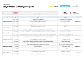 101.Dönem
Sosyal Medya Uzmanlığı Programı
11 Nisan - 16 Mayıs 2015
İstanbul Bilgi
University
santralistanbul Kampüs - 36 Saat
Gün Saat Konu Eğitimci Yer
10:00 - 11:00 Sosyal Medya Uzmanlığına Giriş Ahmet Buğra Ferah, sosyalmedya.co
11:00 - 13:00 Sosyal Medya Otomasyon Araçları ve Kullanımı Harun Ünlüsoy, BooSmart
14:00 - 17:00 Sosyal Medya Strateji ve Planlaması - Workshop Ali Güracar
10:00 -13:00 İlgi Çekici İçerik Üretme Süreçi ve Araçları Ali Erkurt
14:00 - 17:00 Facebook Platformu, Reklam Modelleri, İletişim Stratejileri ve Başarılı Kampanya Örnekleri Harun Ünlüsoy, BooSmart
10:00 -13:00 Instagram ve Vine Platformları, Reklam Modelleri, İletişim Stratejileri ve Başarılı Kampanya Örnekleri Eymen İşgüder, FormatC Agency
14:00 - 17:00 Foursquare ve LinkedIn Platformları, Reklam Modelleri, İletişim Stratejileri ve Başarılı Kampanya Örnekleri Deniz Kahraman, PUBLIK Digital Agency
10.00-11.30 YouTube Platformu, Reklam Modelleri, İletişim Stratejileri ve Başarılı Kampanya Örnekleri Neşet Dereli, THY
11.30-13.00 Yeni Trend. Sosyal CRM ve Sosyal CRM Araçları Timur Çataklı, Webrazzi
14.00-17.00 Twitter Platformu, Reklam Modelleri, İletişim Stratejileri ve Başarılı Kampanya Örnekleri İlter Avcı, Genart Medya
10.00-11.30 Sosyal Medya Pazarlama Stratejileri: Gerçek Zamanlı Pazarlama Cem Batu, Plasenta Conversation Agency
11.30-13.00 Sosyal Medyada Hukuk Şebnem Ahi, Ahi Hukuk
14.00-17.00 Sosyal Medya Pazarlama Stratejileri: Viral Yayılım Tansu Tunçel - Volkan Öge, Batesmotelpro
10.00-13.00 Sosyal Medyada Kriz ve İtibar Yönetimi Fırat Berber, Project House
14.00-17.00 Sosyal Medya Durum Analizi, Takip ve Raporlama Metin Kahraman, Monitera
16 Mayıs 2015 Cumartesi
santralistanbul
santralistanbul
25 Nisan 2015 Cumartesi
santralistanbul
2 Mayıs 2015 Cumartesi
9 Mayıs 2015 Cumartesi
18 Nisan 2015 Cumartesi
santralistanbul
santralistanbul
santralistanbul
11 Nisan 2015 Cumartesi
 
