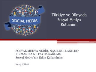 Türkiye ve Dünyada
Sosyal Medya
Kullanımı
SOSYAL MEDYA NEDİR, NASIL KULLANILIR?
FİRMANIZA NE FAYDA SAĞLAR?
Sosyal Medya’nın Etkin Kullanılması
Nuray AKTAY
 