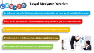 Sosyal Medyanın Yararları
Az kelimeyle çok şeyler ifade eden cümleler oluşturabilen bir yazar ve şaire dönüşebiliyorsunuz.
Ürün, marka ve hizmetinizi birinci dereceden müşterilerinize çok ucuza tanıtabilirsiniz.
Anlamlı ve anlamsız veri yığından anlamlı ve faydalı bilgiler oluşturabilir.
Direk birinci derecede kaynağından bilgiye ulaşabiliyorsunuz.
Özel yetenekleri olan insanlara fırsat kapısı olabiliyor.
 