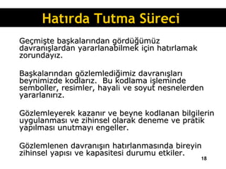 Geçmişte başkalarından gördüğümüz davranışlardan yararlanabilmek için hatırlamak zorundayız.  Başkalarından gözlemlediğimiz davranışları beynimizde kodlarız.  Bu kodlama işleminde semboller, resimler, hayali ve soyut nesnelerden yararlanırız.  Gözlemleyerek kazanır ve beyne kodlanan bilgilerin uygulanması ve zihinsel olarak deneme ve pratik yapılması unutmayı engeller.  Gözlemlenen davranışın hatırlanmasında bireyin zihinsel yapısı ve kapasitesi durumu etkiler. Hatırda Tutma Süreci  