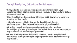 Dolaylı Pekiştireç (Vicarious Punishment)
• Bireyin başka insanların davranışlarının ödüllendirildiğini veya
cezalandırıldığını gözlemlemesi sonucu, bireyde o davranışların dolaylı
olarak gözlemlenir.
• Dolaylı pekiştirmede pekiştireç öğrenene değil davranışı yapana yani
modele verilmektedir.
• Modelin yapmış olduğu davranışlarda ödüllendirilmesi,
gözlemleyenin o davranışı taklit etmesini güçlendirecektir.
• Örneğin, çok çalışan insanların olimpiyatlarda altın madalya
kazandığını görmek, gözlemleyen üzerinde fiziksel antrenman yapmayı
teşvik edecek ve davranışı pekiştirecektir.
• Örnek: Sınıfta öğretmenin istendik davranışı yapan bireyi övmesi
sonucunda bunu gözlemleyen diğer öğrencilerinde istendik davranışı
yapmasıdır.
 