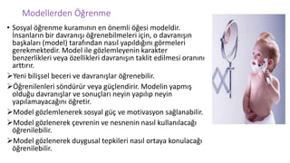 Modellerden Öğrenme
• Sosyal öğrenme kuramının en önemli öğesi modeldir.
İnsanların bir davranışı öğrenebilmeleri için, o davranışın
başkaları (model) tarafından nasıl yapıldığını görmeleri
gerekmektedir. Model ile gözlemleyenin karakter
benzerlikleri veya özellikleri davranışın taklit edilmesi oranını
arttırır.
Yeni bilişsel beceri ve davranışlar öğrenebilir.
Öğrenilenleri söndürür veya güçlendirir. Modelin yapmış
olduğu davranışlar ve sonuçları neyin yapılıp neyin
yapılamayacağını öğretir.
Model gözlemlenerek sosyal güç ve motivasyon sağlanabilir.
Model gözlenerek çevrenin ve nesnenin nasıl kullanılacağı
öğrenilebilir.
Model gözlenerek duygusal tepkileri nasıl ortaya konulacağı
öğrenilebilir.
 