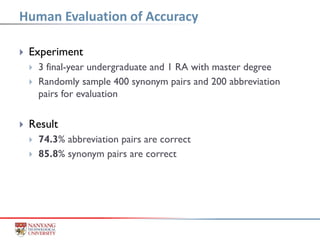  Experiment
 3 final-year undergraduate and 1 RA with master degree
 Randomly sample 400 synonym pairs and 200 abbreviation
pairs for evaluation
 Result
 74.3% abbreviation pairs are correct
 85.8% synonym pairs are correct
Human Evaluation of Accuracy
 