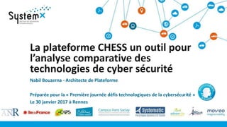 La plateforme CHESS un outil pour
l’analyse comparative des
technologies de cyber sécurité
Nabil Bouzerna - Architecte de Plateforme
Préparée pour la « Première journée défis technologiques de la cybersécurité »
Le 30 janvier 2017 à Rennes
 