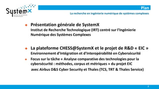 Plan
 Présentation générale de SystemX
Institut de Recherche Technologique (IRT) centré sur l’Ingénierie
Numérique des Sy...
