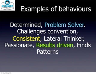 Determined, Problem Solver,
Challenges convention,
Consistent, Lateral Thinker,
Passionate, Results driven, Finds
Patterns
Examples of behaviours
Monday, 15 July 13
 