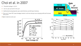 7/30/2022 19
 Threshold voltage is 0.12 V.
 Ion 12.1 μA / μm and 5.4 nA / μm
 Subthreshold swing depends upon oxide thickness and SOI layer thickness.
 The use of lower EOT ,lower bandgap material and more abrupt source doping profile will increase
ON current .
High-k material can be used.
Choi et al. in 2007
 