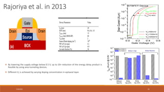 7/30/2022 31
 By lowering the supply voltage below 0.5 V, up to 10× reduction of the energy delay product is
feasible by using area tunneling devices.
 Different VT is achieved by varying doping concentration in epitaxial layer.
.
Rajoriya et al. in 2013
 