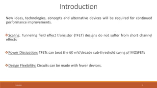 7/30/2022 5
New ideas, technologies, concepts and alternative devices will be required for continued
performance improvements.
Scaling: Tunneling field effect transistor (TFET) designs do not suffer from short channel
effects
Power Dissipation: TFETs can beat the 60 mV/decade sub-threshold swing of MOSFETs
Design Flexibility: Circuits can be made with fewer devices.
Introduction
 