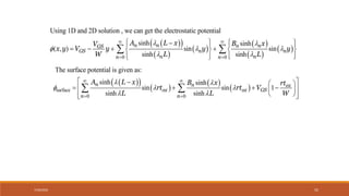7/30/2022 55
 
 
 
 
 
 
 
0 0
Using 1D and 2D solution , we can get the electrostatic potential
sinh sinh
( , ) sin sin
sinh sinh
n n n n
GS
GS n n
n n
n n
A L x B x
V
x y V y y y
W L L
 
  
 
 
 
   

   
   
   
 
   
 
 
 
 
 
 
 
surface
0 0
The surface potential is given as:
sinh sinh
sin sin 1
sinh sinh
n n ox
ox ox GS
n n
A L x B x rt
rt rt V
L L W
 
  
 
 
 
 
  
   
 
 
 
 
 
 
 
