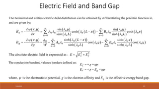 7/30/2022 57
Electric Field and Band Gap
The horizontal and vertical electric-field distribution can be obtained by differentiating the potential function in,
and are given by:
   
 
 
 
 
 
 
   
 
 
 
 
 
 
0 0
0 0
sin sin
,
cosh cosh
sinh sinh
sinh sinh
,
cos cos
sinh sinh
n n
x n n n n n n
n n
n n
n n
G
y n n n n n n
n n
n n
y y
x y
E A L x B x
x L L
L x x
x y
E A y B y
y W L L
 

   
 
 
 
   
 
 
 
 
 

    



    

 
 
2 2
The absolute electric field is expressed as :  
x y
E E E
The conduction bandand valance bandare defined as:
 
 
  
   
C
V g
E q
E E q
where, is the electrostatic potential, is the electron affinity and is the effective energy band g .
ap

 g
E
 