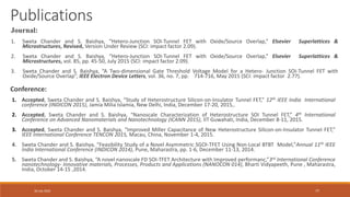 30 July 2022 77
Journal:
1. Sweta Chander and S. Baishya, “Hetero-Junction SOI-Tunnel FET with Oxide/Source Overlap,” Elsevier Superlattices &
Microstructures, Revised, Version Under Review (SCI: impact factor 2.09).
2. Sweta Chander and S. Baishya, “Hetero-Junction SOI-Tunnel FET with Oxide/Source Overlap,” Elsevier Superlattices &
Microstructures, vol. 85, pp. 45-50, July 2015 (SCI: impact factor 2.09).
3. Sweta Chander and S. Baishya, “A Two-dimensional Gate Threshold Voltage Model for a Hetero- Junction SOI-Tunnel FET with
Oxide/Source Overlap”, IEEE Electron Device Letters, vol. 36, no. 7, pp. 714-716, May 2015 (SCI: impact factor 2.77).
Publications
Conference:
1. Accepted, Sweta Chander and S. Baishya, “Study of Heterostructure Silicon-on-Insulator Tunnel FET,” 12th IEEE India International
conference (INDICON 2015), Jamia Milia Islamia, New Delhi, India, December 17-20, 2015,.
2. Accepted, Sweta Chander and S. Baishya, “Nanoscale Characterization of Heterostructure SOI Tunnel FET,” 4th International
Conference on Advanced Nanomaterials and Nanotechnology (ICANN 2015), IIT Guwahati, India, December 8-11, 2015.
3. Accepted, Sweta Chander and S. Baishya, “Improved Miller Capacitance of New Heterostructure Silicon-on-Insulator Tunnel FET,”
IEEE International Conference TENCON 2015, Macau, China, November 1-4, 2015.
4. Sweta Chander and S. Baishya, “Feasibility Study of a Novel Asymmetric SGOI-TFET Using Non-Local BTBT Model,”Annual 11th IEEE
India International Conference (INDICON 2014), Pune, Maharastra, pp. 1-6, December 11-13, 2014.
5. Sweta Chander and S. Baishya, “A novel nanoscale FD SOI-TFET Architecture with Improved performanc,”3rd International Conference
nanotechnology- Innovative materials, Processes, Products and Applications (NANOCON 014), Bharti Vidyapeeth, Pune , Maharastra,
India, October 14-15 ,2014.
 