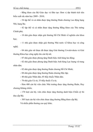 Sổ tay chất lượng STCL 
- Bằng khen của Bộ Giáo dục và Đào tạo: Đơn vị đạt thành tích tiêu 
Trang: 15/32 
biểu xuất sắc năm học 2009 - 2010; 
- 54 tập thể và cá nhân đƣợc tặng thƣởng Huân chƣơng Lao động hạng 
Nhì, hạng Ba; 
- 42 tập thể và cá nhân đƣợc tặng thƣởng Bằng khen của Thủ tƣớng 
Chính phủ; 
- 10 nhà giáo đƣợc nhận giải thƣởng Hồ Chí Minh về nghiên cứu khoa 
học; 
- 11 nhà giáo đƣợc nhận giải thƣởng Nhà nƣớc về Khoa học và công 
nghệ; 
- 04 nhà giáo nữ đƣợc đã đƣợc tặng Giải thƣởng Covalevskaia và Giải 
thƣởng Khoa học công nghệ cho cán bộ nữ; 
- 07 nhà giáo đƣợc phong tặng Danh hiệu Anh hùng lao động; 
- 02 nhà giáo đƣợc phong tặng Danh hiệu Anh hùng Lực lƣợng vũ trang 
nhân dân; 
- 02 nhà giáo đƣợc tặng thƣởng Huân chƣơng Hồ Chí Minh; 
- 08 nhà giáo đƣợc tặng thƣởng Huân chƣơng Độc lập; 
- 40 nhà giáo Nhân dân, 05 thầy thuốc Nhân dân; 
- 70 nhà giáo Ƣu tú; 35 thầy thuốc Ƣu tú; 
- Hơn 400 cán bộ viên chức Nhà trƣờng đƣợc tặng thƣởng Huân, Huy 
chƣơng Kháng chiến; 
- 178 lƣợt cán bộ, viên chức đƣợc tặng thƣởng danh hiệu Chiến sỹ thi 
đua cấp Bộ; 
- 305 lƣợt cán bộ viên chức đƣợc tặng thƣởng Bằng khen cấp Bộ; 
Và nhiều phần thƣởng cao quý khác. 
 