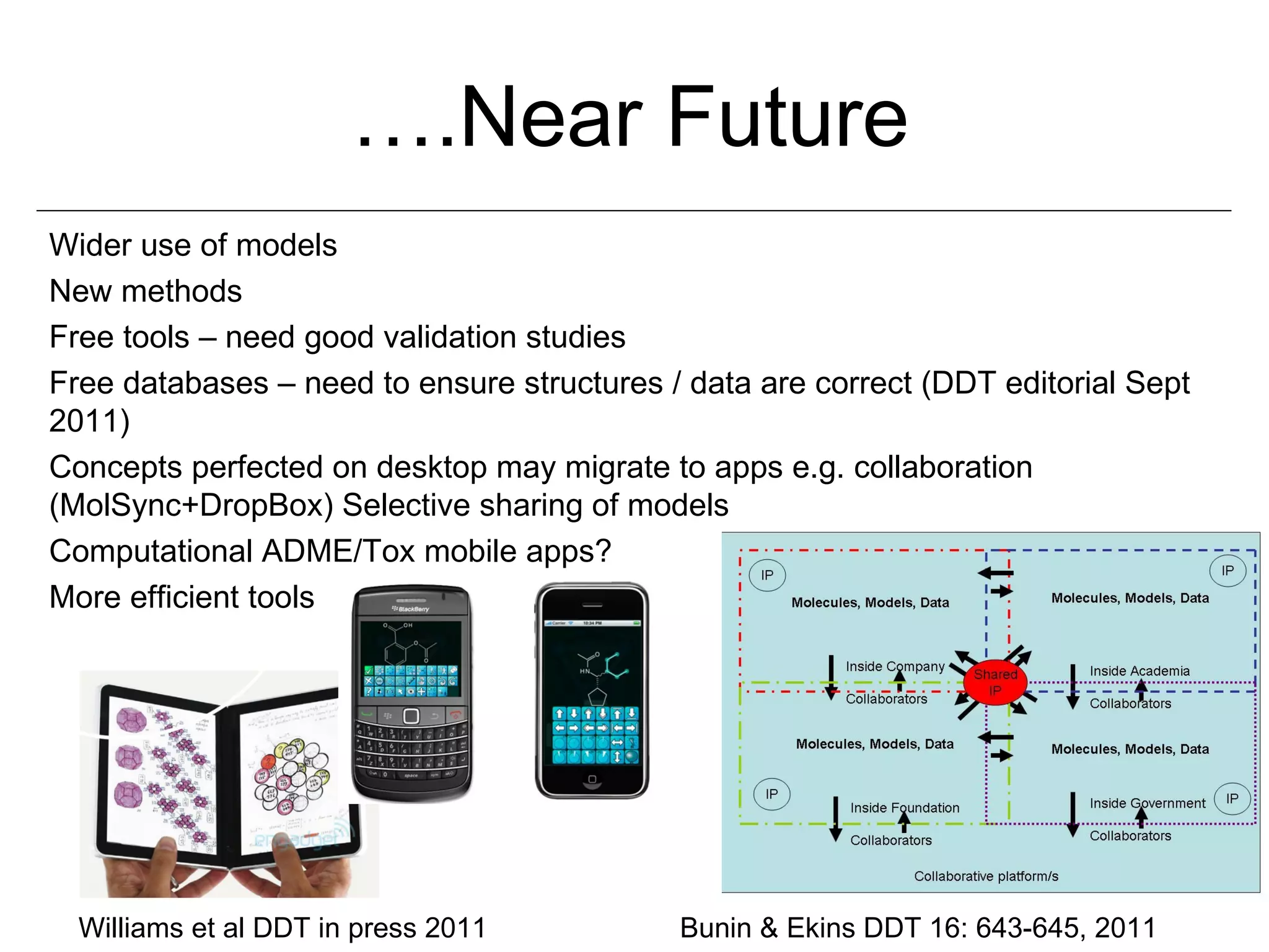 ….Near Future
Wider use of models
New methods
Free tools – need good validation studies
Free databases – need to ensure structures / data are correct (DDT editorial Sept
2011)
Concepts perfected on desktop may migrate to apps e.g. collaboration
(MolSync+DropBox) Selective sharing of models
Computational ADME/Tox mobile apps?
More efficient tools




  Williams et al DDT in press 2011          Bunin & Ekins DDT 16: 643-645, 2011
 