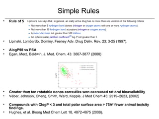Simple Rules
•   Rule of 5




•   Lipinski, Lombardo, Dominy, Feeney Adv. Drug Deliv. Rev. 23: 3-25 (1997).

•   AlogP98 vs PSA
•   Egan, Merz, Baldwin, J. Med. Chem. 43: 3867-3877 (2000)




•   Greater than ten rotatable bonds correlates with decreased rat oral bioavailability
•   Veber, Johnson, Cheng, Smith, Ward, Kopple. J Med Chem 45: 2515–2623, (2002)

•   Compounds with ClogP < 3 and total polar surface area > 75A2 fewer animal toxicity
    findings.
•   Hughes, et al. Bioorg Med Chem Lett 18, 4872-4875 (2008).
 